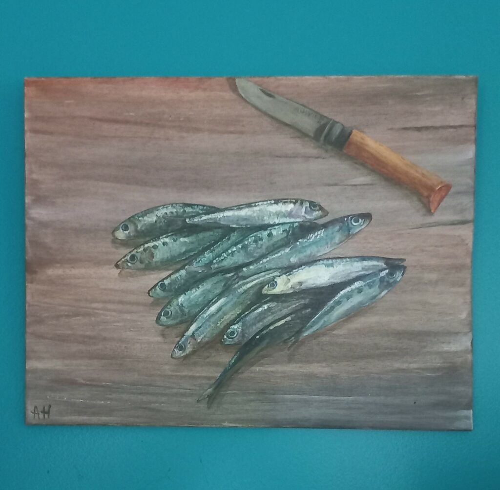 tableau sardines sur bois avec couteau opinel